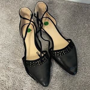 FRANCO SARTO Black Leather Pointed Toe Tie Ankle Flat Shoes Size 6.5